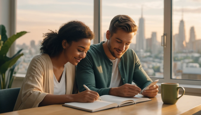 un couple heureux assis ensemble
