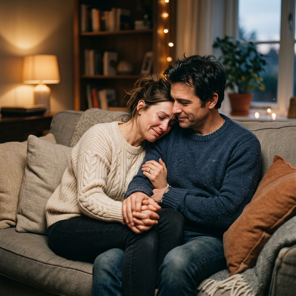 Couple se tenant la main sur un canapé pour sauver leur couple et se réconcilier